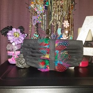 Multicolor feathers sateen clutch